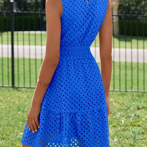 Women's Summer Dresses 2025 Sleeveless V Neck Eyelet Hollow Out Swing A Line Bea - Picture 6 of 8